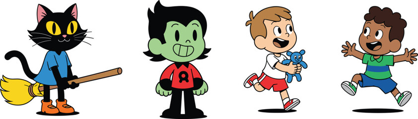 Cartoon kids and fantasy characters including black cat on broom, green vampire boy, and children playing, fun vector illustration.