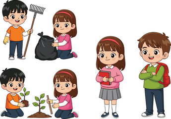Cartoon Kids Cleaning, Planting Trees, and Studying &ndash; Environmental Awareness and Education Activities for Children, School and Nature Illustration