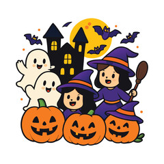 Halloween Cartoon Celebration with Witches, Pumpkins, Ghosts and Haunted House