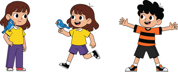Cartoon kids playing with blue birds, happy boy and girls in colorful clothes, cute vector children illustration for nature themes.