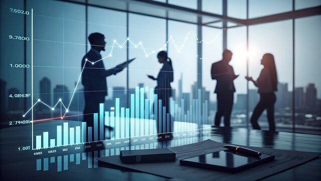 A futuristic office with blurred silhouettes of business people discussing strategy, while glowing bar charts and stock graphs rise from the table surface.