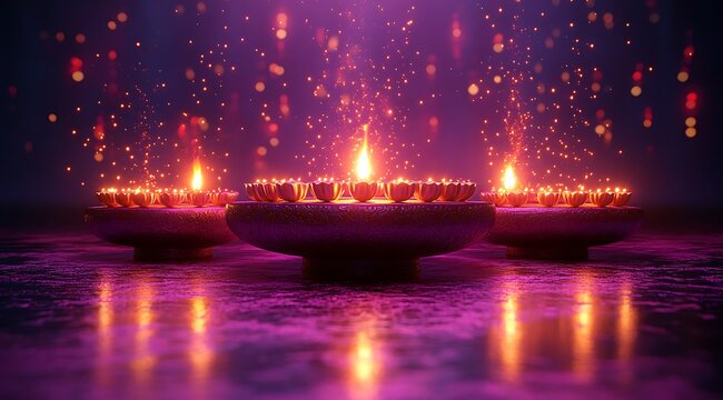 Three ornate bowls filled with lit diyas and glowing sparks against purple background