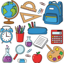Colorful Cartoon School Supplies – Education and Learning Tools Illustration Featuring Backpack, Globe, Calculator, Alarm Clock, and Art Materials