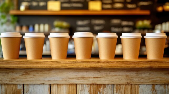 Row of brown coffee cups on a wooden counter in a cozy caf? with blurred background activity