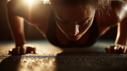 Morning workout routine featuring a woman exercising with push-ups at dawn
