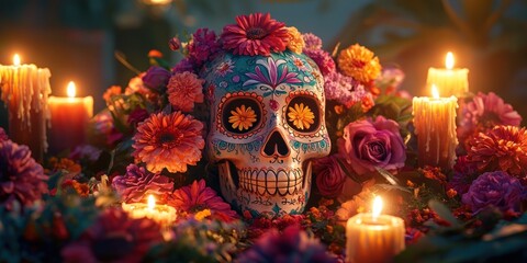 Celebrate day of the dead with vibrant sugar skull and flowers in candle light