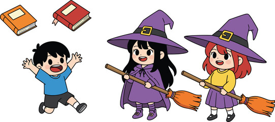 Cute Cartoon Witches with Flying Brooms and Happy Boy – Halloween-Themed Kids Character Illustration with Magic Books