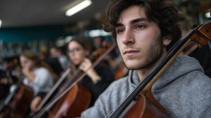 A diverse group of young musicians playing together in an orchestra, featuring a young man among them, performing with violins, cello, flute, trumpet, and percussion. Casual clothing, authentic expres