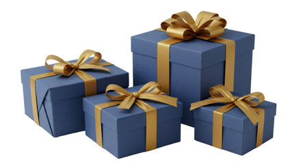 Four premium blue gift boxes with golden satin ribbons and elaborate bows, some with pinstripes, on a textured white background, studio shot. Concept of corporate value and reward