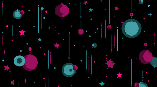 A vibrant abstract pattern of pink and teal shapes against a black backdrop.