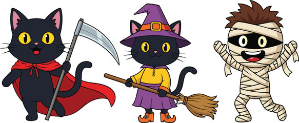 Cute Halloween cartoon characters including black cats in costumes and a mummy, perfect for kids party designs and decorations.