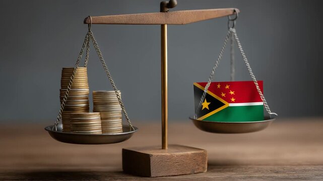 Balance scale with coin stack outweighing emerging market flag, emerging market debt, conceptual risk vs opportunity, neutral muted