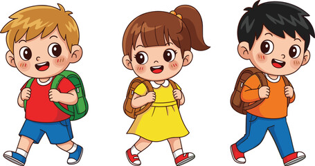 Cute Kids Walking to School – Cartoon Children with Backpacks, Boy and Girl Illustration, Happy Students Going Back to School