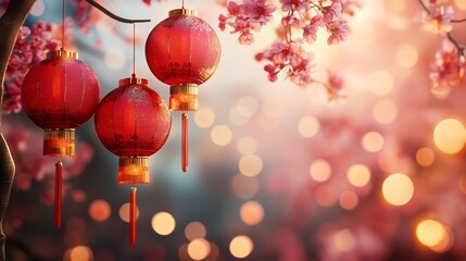 Chinese New Year 2025 Banner With Red Lanterns and Cherry Blossoms Against a Glowing Background Representing Celebration and Elegance