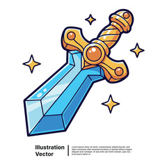 Gleaming enchanted sword with a vibrant blue gemstone blade and detailed golden handle vector art