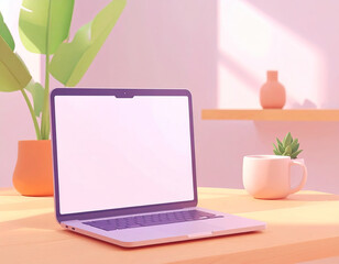 Fototapeta premium Modern laptop on wooden desk in bright, minimalist workspace with plants and cup