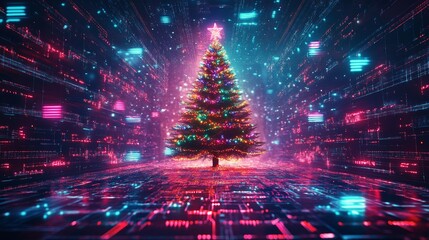 Obraz premium A Christmas Poster Featuring a Decorated Tree With Colorful Neon Lights on Futuristic Background for Modern Festive Appeal