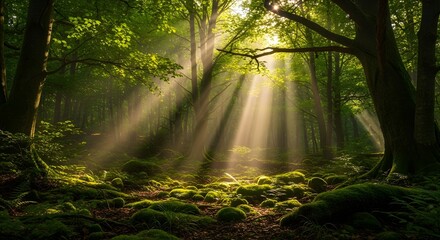 Fototapeta premium lush green forest, sunlight breaking through dense leaves