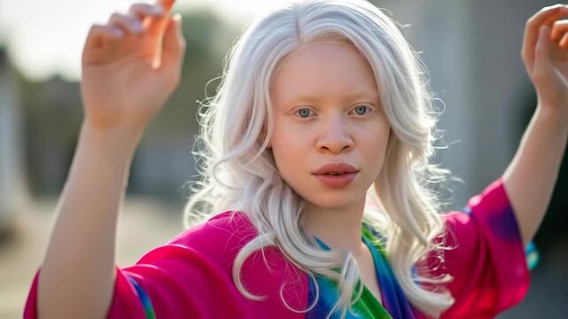 A beautiful and confident young woman with albinism and striking white hair poses gracefully in a vibrant colorful top celebrating her unique and stunning natural beauty and diversity

