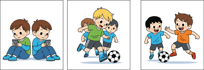 Kids Playing Soccer and Using Phones – Active and Sedentary Children in Modern Lifestyle – Fun Vector Illustration Set