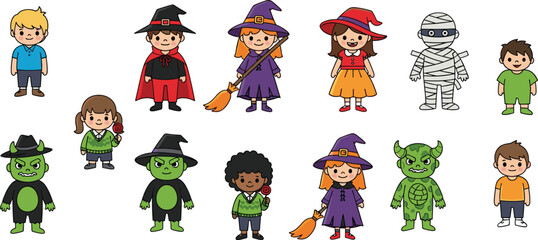 Kids in Halloween Costumes Vector – Cartoon Boys and Girls Dressed as Witch, Vampire, Mummy, Monster – Cute Costume Set