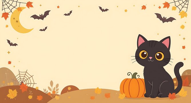 Halloween illustration of a black cat with pumpkin pastel halloween wallpaper flat design halloween empty center halloween design