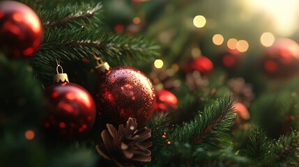 Obraz premium Red Holiday Background With a Bunch of Glittering Green and Red Spheres and Pine Branches for Festive Decoration