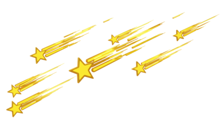 Luminous golden yellow shooting stars with sparkling tips and vibrant trails, sharp contours on transparent high-key studio background with diagonal path, concept of success and innovation.