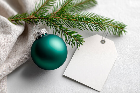 A teal Christmas ornament rests beside a blank white tag beneath evergreen branches for a calm, minimalist holiday scene.
