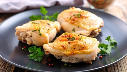 Three flavorful, roasted chicken thighs, seasoned and browned, rest on a dark plate, garnished with fresh herbs and peppercorns.