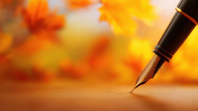 Elegant Fountain Pen Poised Over Autumn Leaves Indicating the Beauty of Writing in Nature - Powered by Adobe