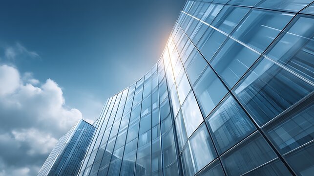 A futuristic glass office building with sleek modern design, reflecting a professional business environment, offering clear blue sky for text or branding overlay.
