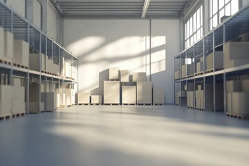 Obraz premium Spacious warehouse interior with stacked boxes and sunlight casting shadows on the floor