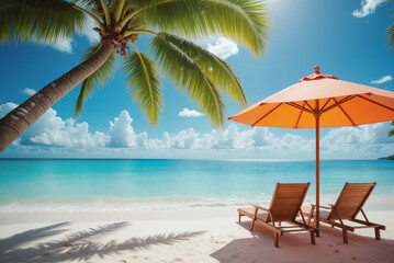 Fototapeta premium Summer Vacation Promotion Banner - Beach Chairs Under Orange Umbrella with Palm Trees and Turquoise Water for June Travel Deals and May Getaway Planning