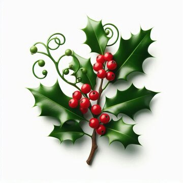 A stylized holly branch on a white background, with bright green prickly leaves and clusters of bright red berries.  smooth gradients and light shine.