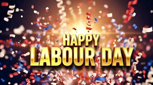 Golden Happy Labour Day message with confetti and ribbons, festive celebration