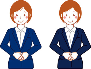 ネイビースーツ、ショートヘアの手を前で重ねる若い女性