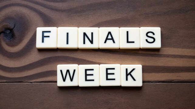 Finals Week Letter Tiles - Wooden Desk Educational Message for Exam Preparation, Academic Stress Relief, and May Study Motivation