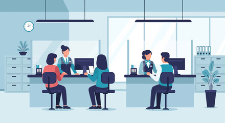Flat illustration of customers meeting with bank tellers at service counters, symbolizing financial transactions, deposits, withdrawals, account management, and professional customer support