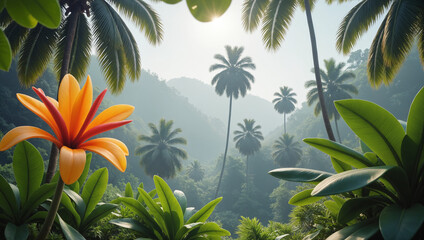 Tropical Paradise Landscape - Vibrant Orange Flower Among Lush Greenery and Palm Trees for Travel Websites, Nature Photography, and Exotic Vacation Promotions