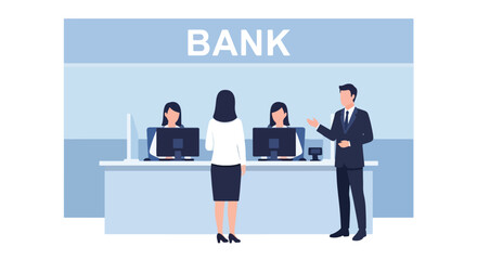 Flat illustration of customers at a bank counter receiving service from tellers, symbolizing financial transactions, savings, deposits, withdrawals, and professional banking support