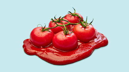 Fresh tomatoes on vine placed in pool of tomato sauce. Concept of natural ingredients, culinary creativity, food advertising, and organic nutrition branding.