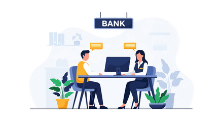 Flat illustration of a bank employee consulting a client at a desk with a computer, symbolizing customer service, financial advice, savings, investment, and professional banking support