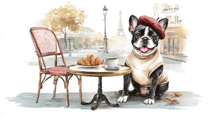 A cute french bulldog enjoys a Parisian breakfast at a charming cafe.