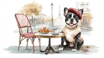 Fototapete Französische Bulldogge A cute french bulldog enjoys a Parisian breakfast at a charming cafe.  © Vasyl