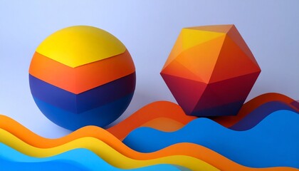 Split digital artwork—transparent geometric cube above red terrain, layered sphere above blue waves. A visual duet of structure and emotion, balance and duality, rendered in vibrant gradients.