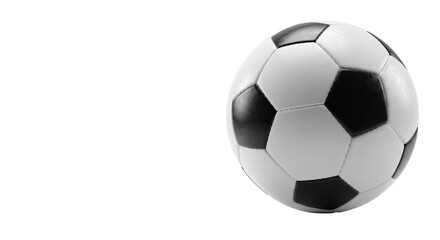 Fototapeta premium Pristine black and white Tango-style soccer ball with hexagonal and pentagonal panels, dynamically positioned on a seamless transparent studio background with soft high-key lighting, concept of sport