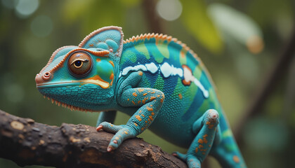 Colorful Chameleon On Tree Branch – Vibrant Turquoise Reptile With Orange Accents For Wildlife Photography, Exotic Pet Care, And Nature Conservation Education
