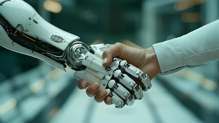 Human and robot shaking hands in futuristic corridor symbolizing artificial intelligence collaboration technology partnership and trust - Powered by Adobe