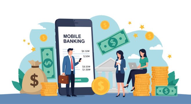Flat illustration of people using mobile banking apps for transactions and account management, symbolizing digital finance, online payments, financial security, and banking technology for business